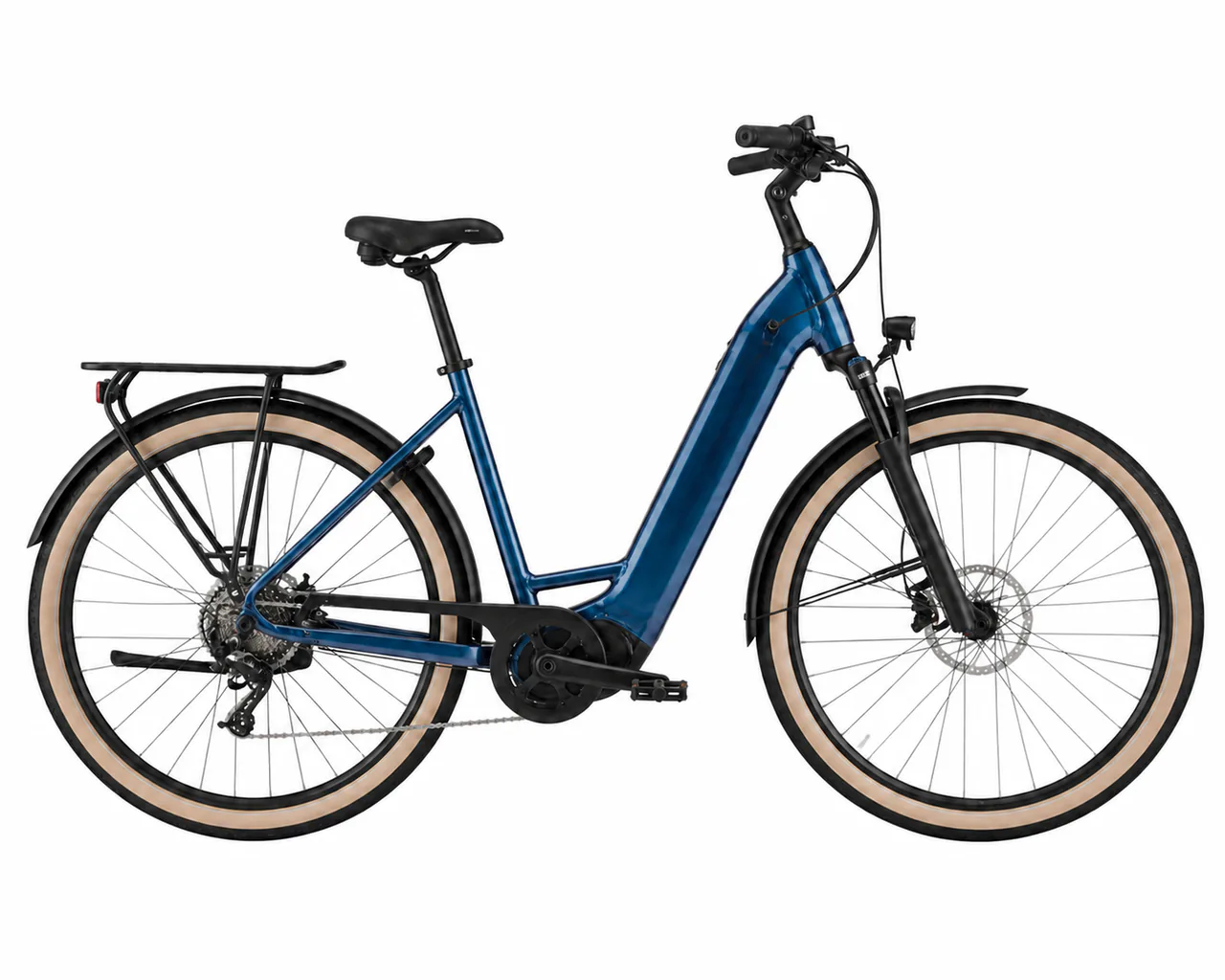 Blaues City-E-Bike mit tiefem Einstieg