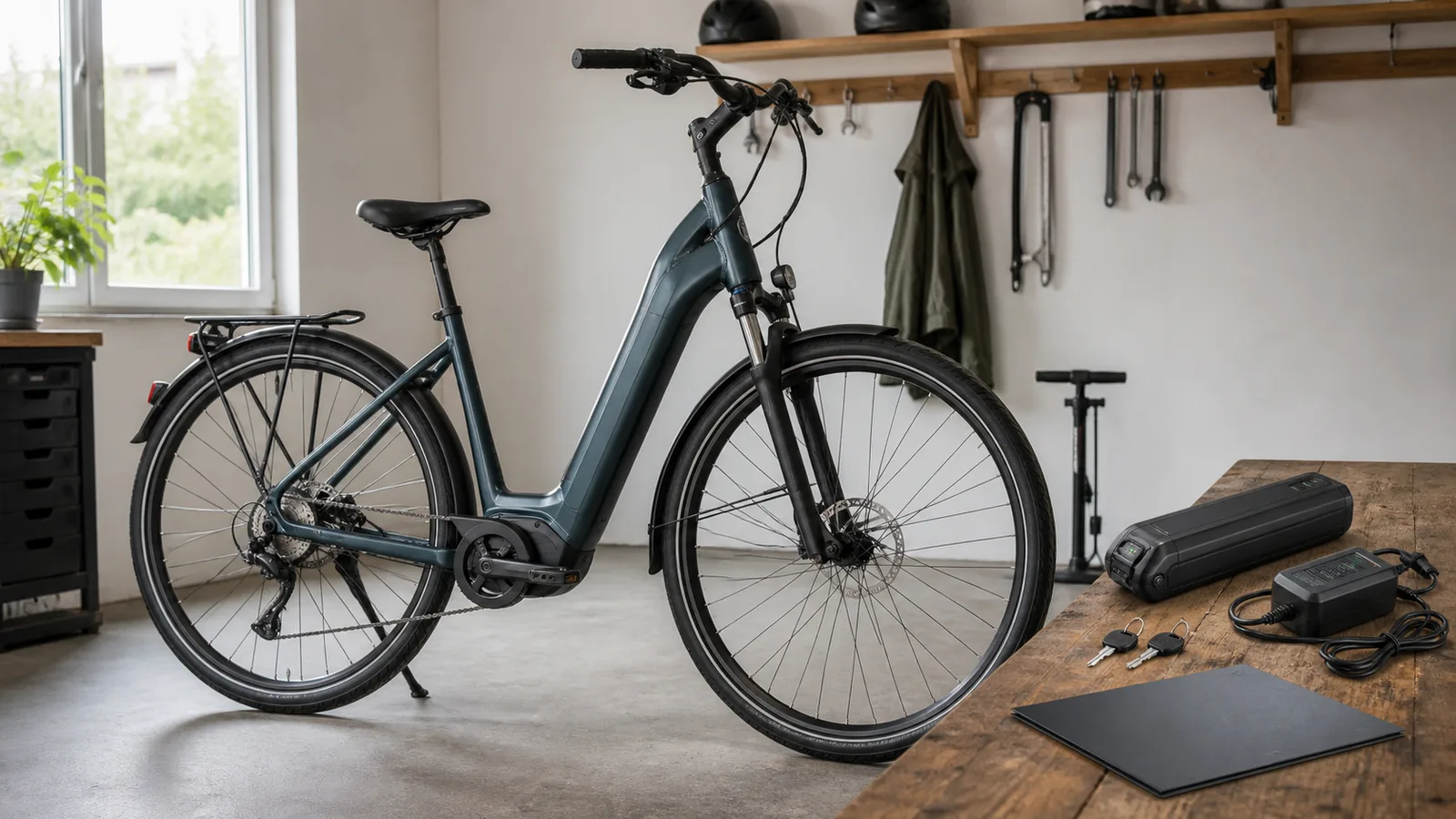 Gebrauchtes E-Bike mit Akku, Ladegerät, Schlüsseln und Unterlagen