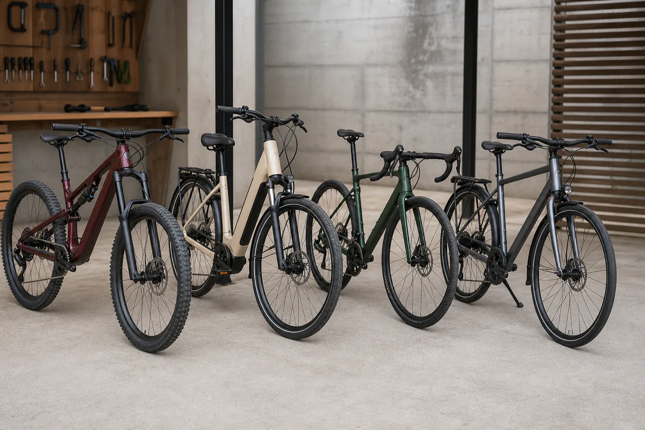Vier moderne Fahrräder: Fully, City-E-Bike, Rennrad und Trekkingrad