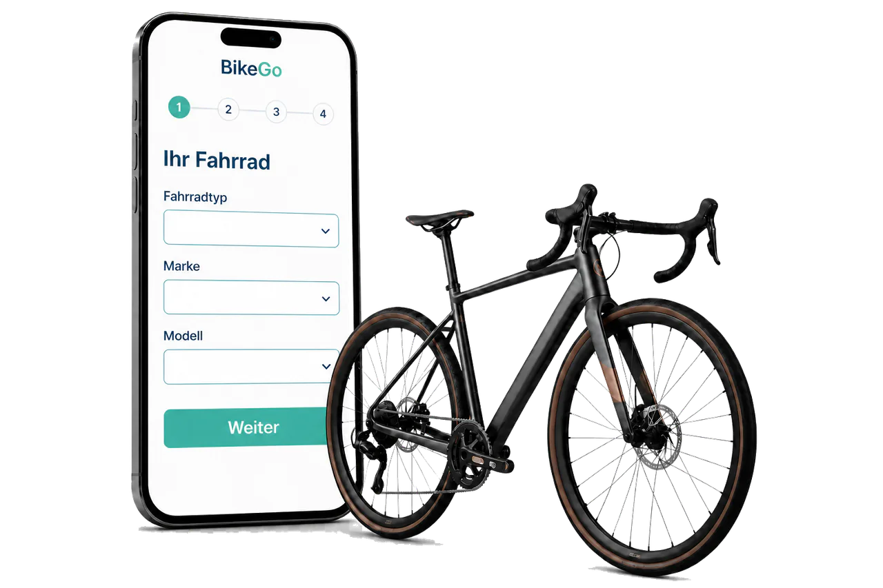 BikeGo Formular auf einem Smartphone neben einem modernen Fahrrad