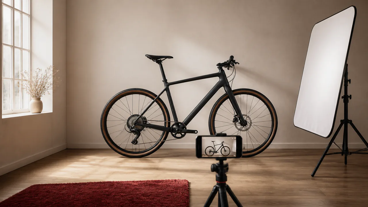 Fahrrad vor einer Kamera mit professioneller Beleuchtung