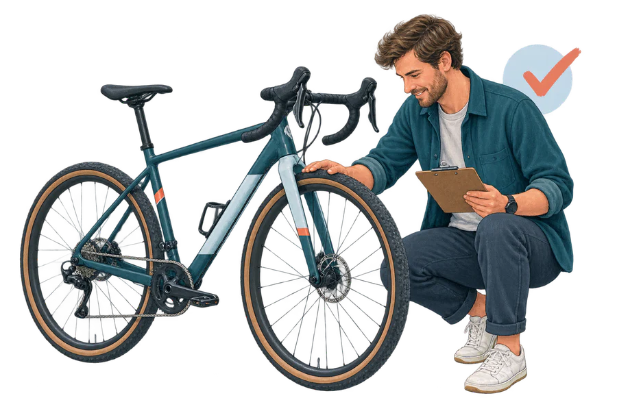 Ein Fachmann prüft ein Fahrrad sorgfältig
