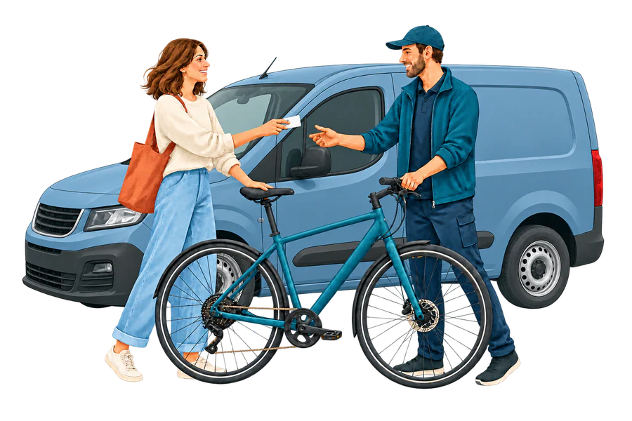 Ein Fahrrad wird vor einem Transporter zur Abholung übergeben